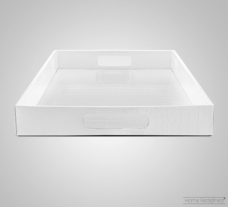 Home Redefined 17.5"x12" White Glossy Crocodile Faux Leather Serving Tray Beautiful Modern Elegant Decorative Tray with Handles Ottoman Coffee Table Perfume Display Makeup for All Occasion's - Image 4